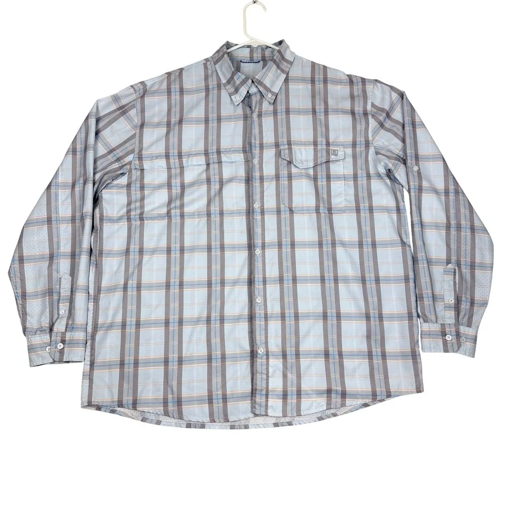 Huk Performance Fishing Shirt 2XL Blue Plaid Long Sleeve Button Down‎ Vented